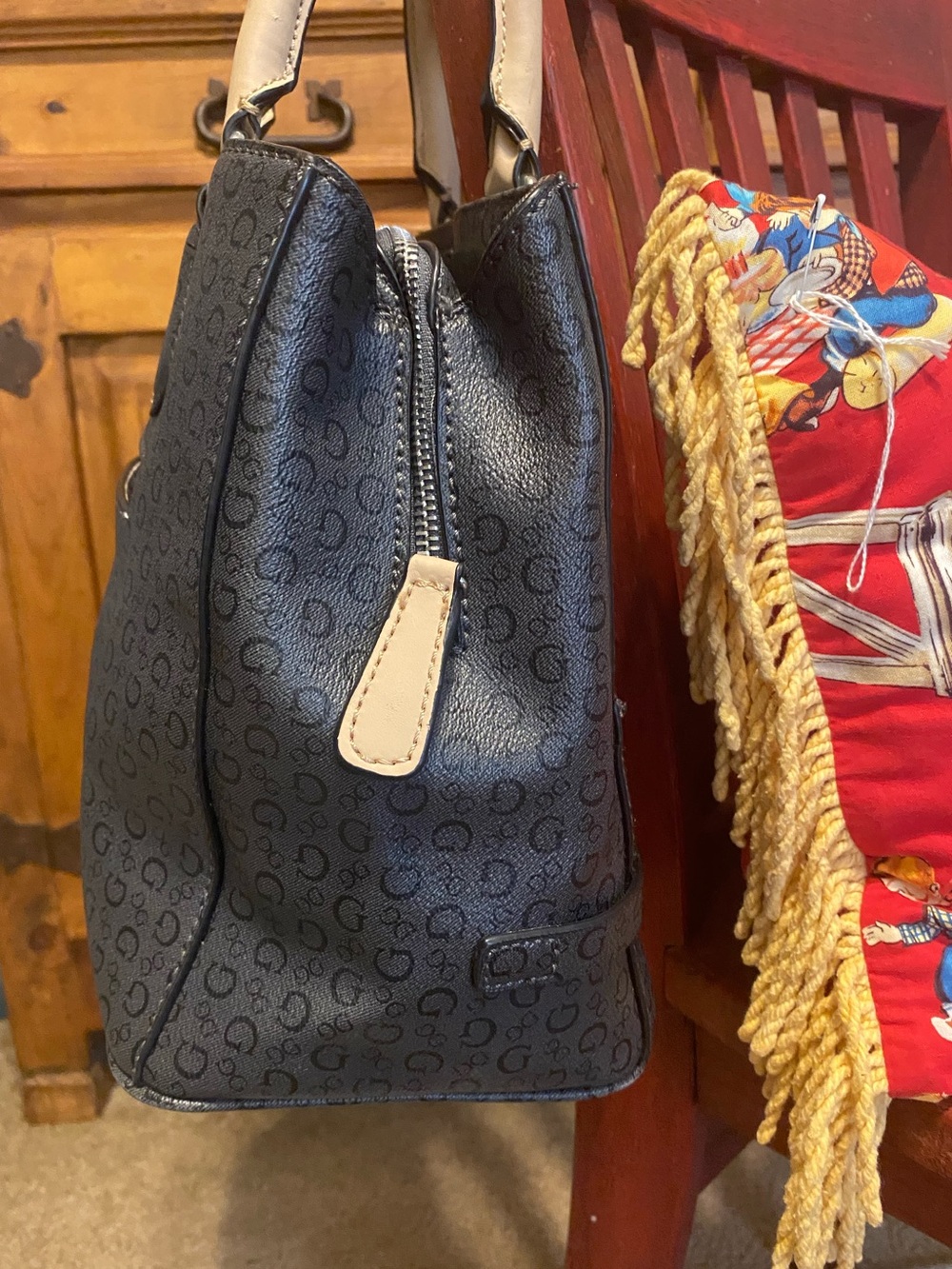 Guess Monogram Satchel Bag Y2K Charcoal Black Beige Top Handle - Picture 5 of 16